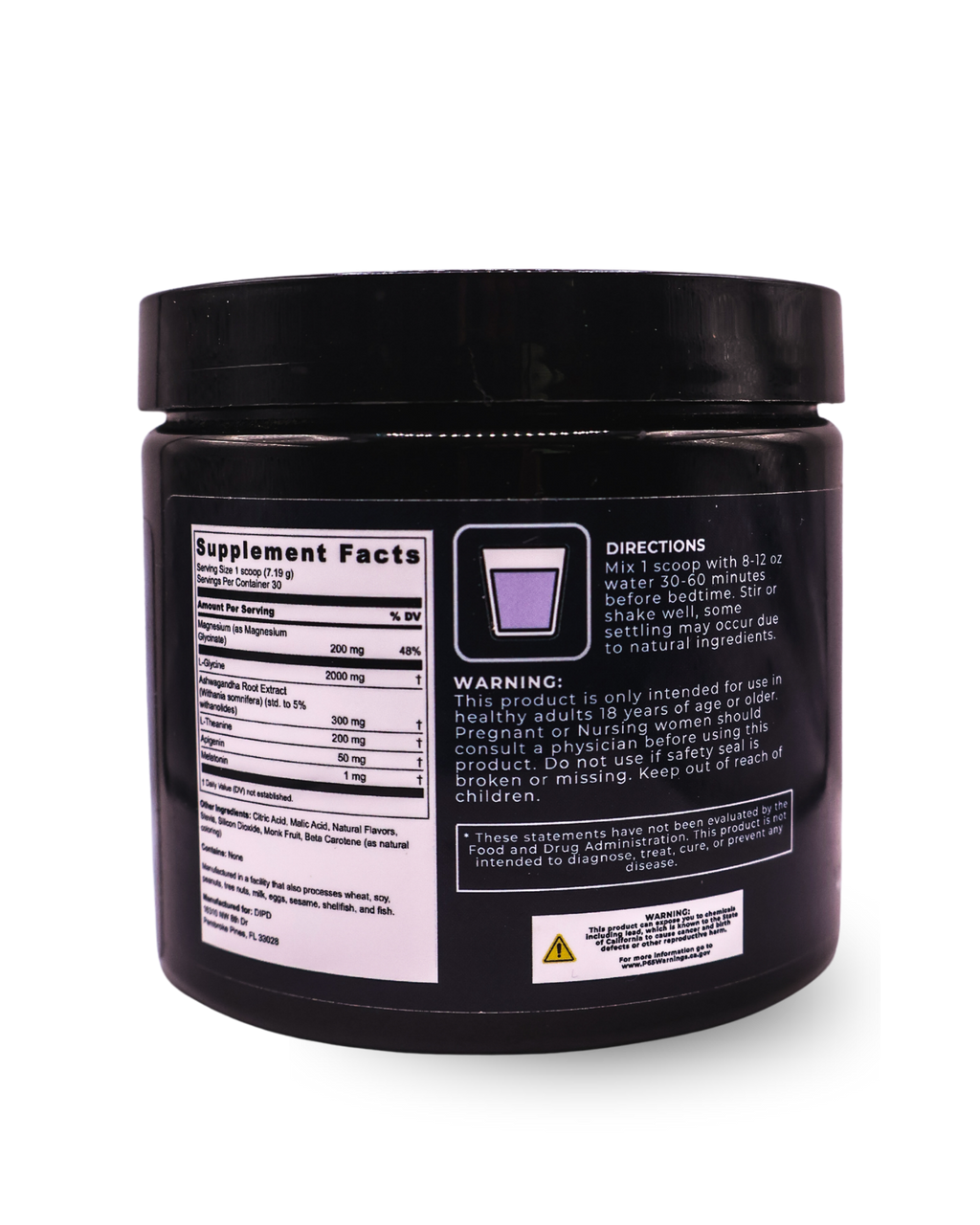 Back label of dipd. Deep Sleep Blend showing the Supplement Facts panel, directions for use, warnings, disclaimer and California Prop 65 notice