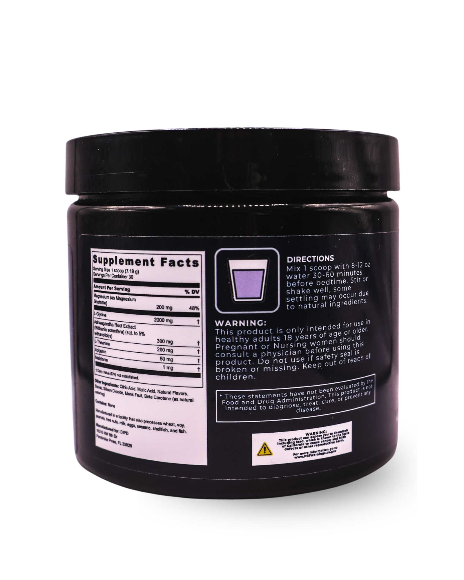 Back label of dipd. Deep Sleep Blend showing the Supplement Facts panel, directions for use, warnings, disclaimer and California Prop 65 notice