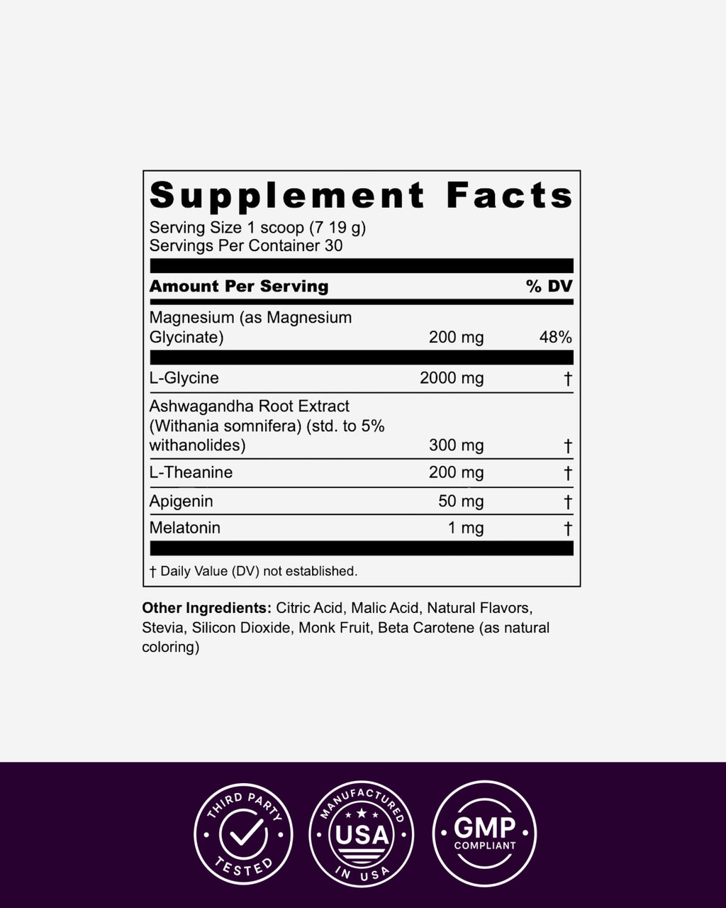 dipd. Deep Sleep Blend with its ingredients named: magnesium glycinate, glycine, ashwagandha, L-theanine, apigenin and melatonin